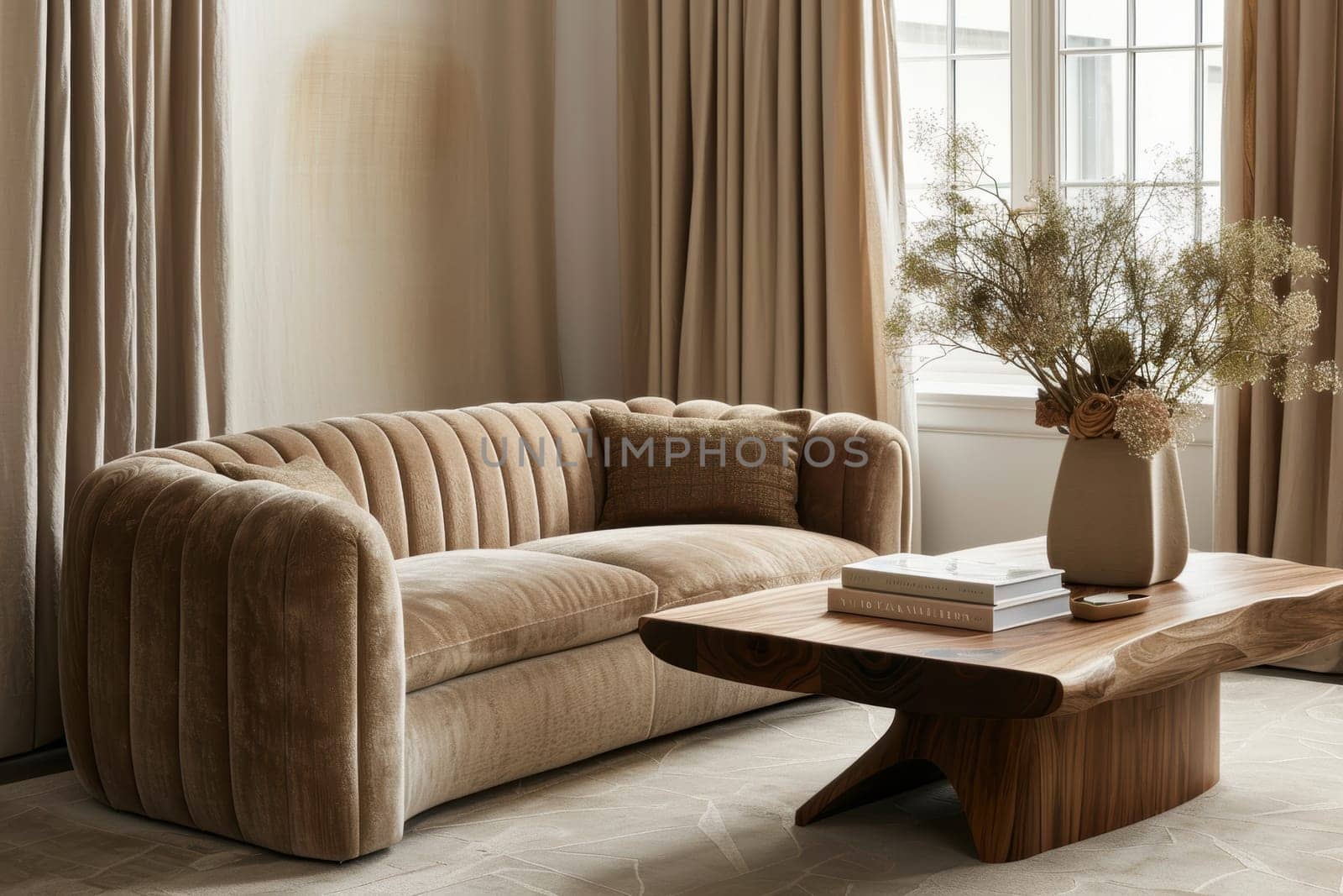 Modern living room featuring a uniquely shaped mocha mousse sofa, complemented by beige curtains and a chic wooden coffee table adorned with vases of fresh flowers, creating a warm and inviting space with natural light.