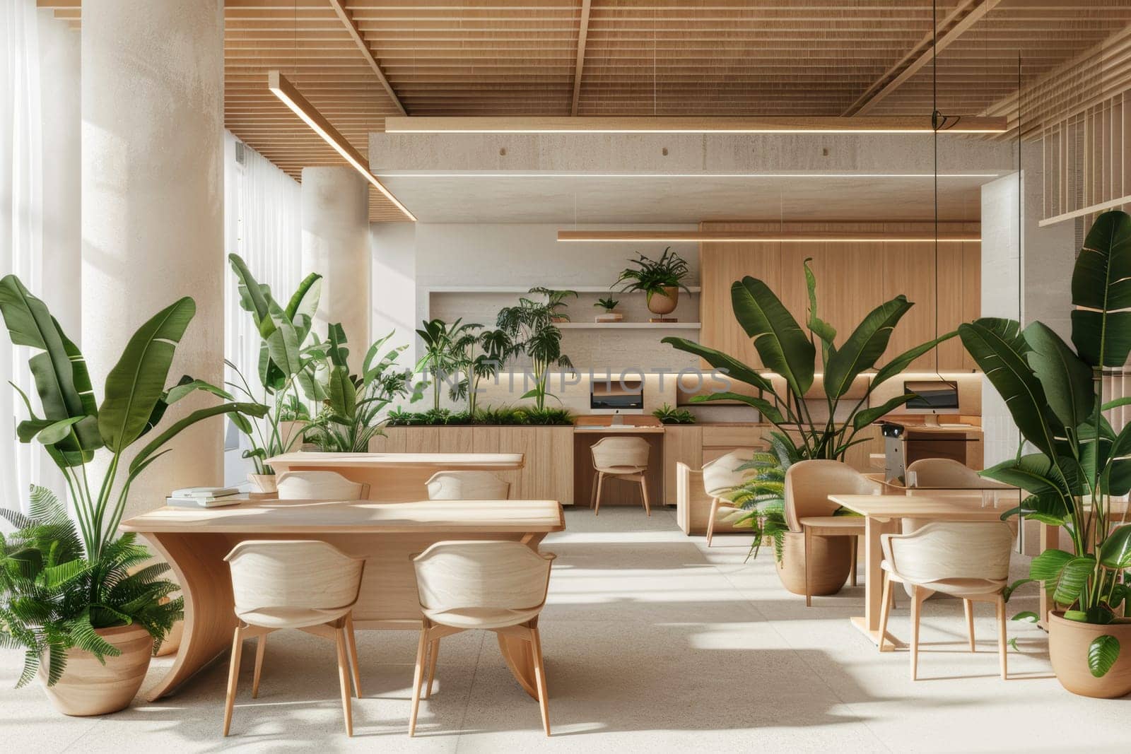 Bright, spacious coworking space featuring mocha mousse chairs, wooden desks, and abundant indoor plants under soft natural light. the combination of greenery and modern furnishings creates an inviting and productive atmosphere.