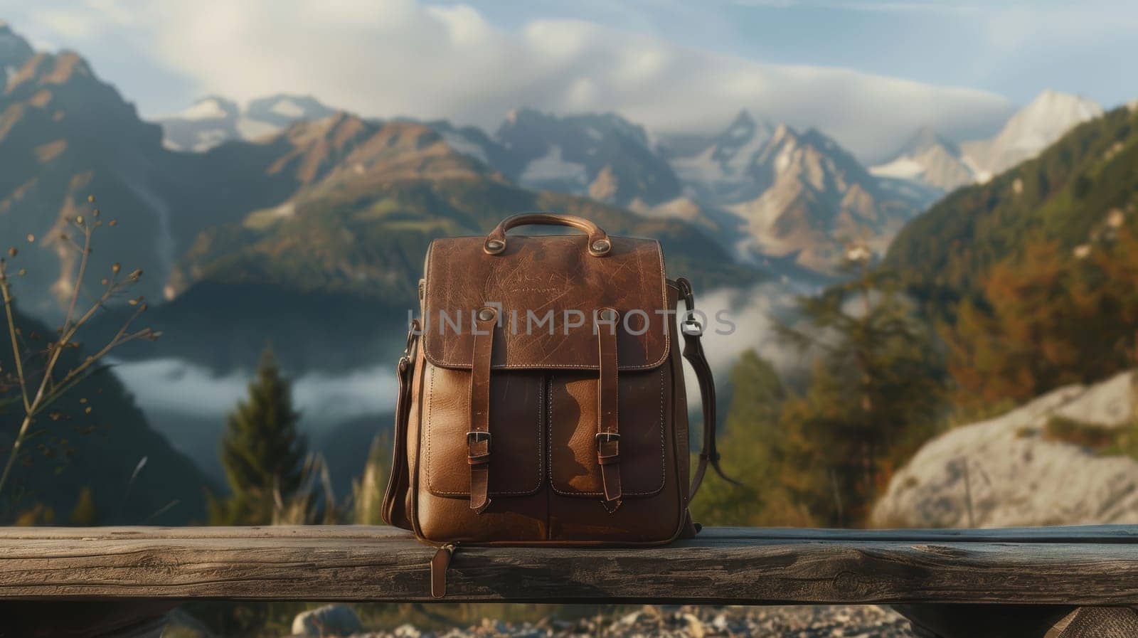 Mocha leather backpack sits on a rustic wooden bench against a backdrop of majestic mountains and a serene lake. earthy tones highlight the backpack's sturdy design, perfect for travel enthusiasts seeking adventure and exploring the outdoors.