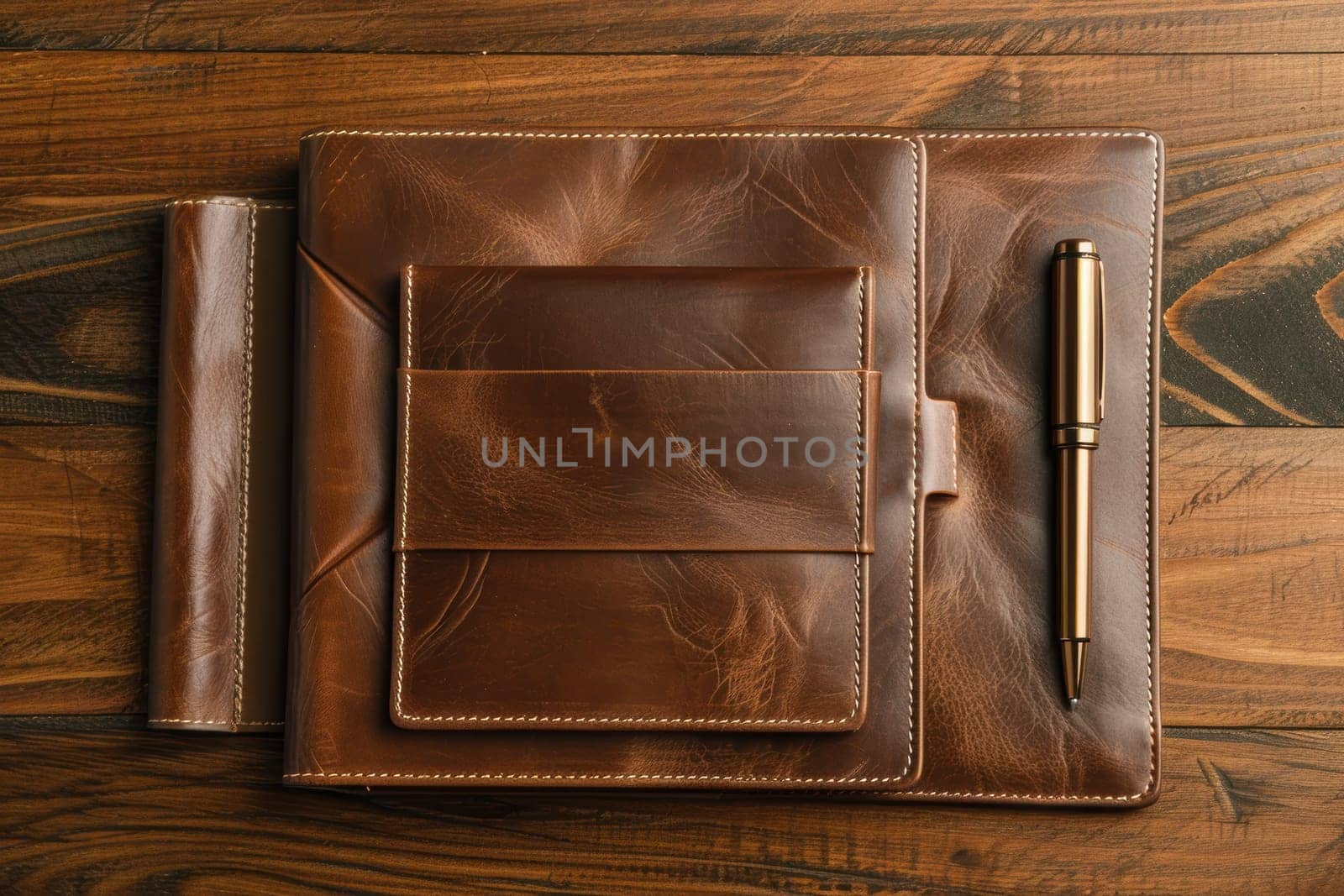 Elegant leather-bound stationery featuring a notebook, pen, and cardholder in rich mocha mousse tones, beautifully arranged on a polished wooden desk. ideal for office decor, featuring premium materials and sophisticated design.