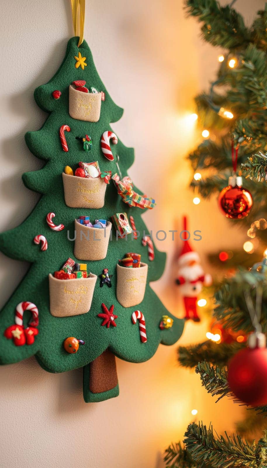 Felt advent calendar shaped like a christmas tree features numbered pockets for candies and toys. brightly lit setup with festive decor including stockings, baubles, and a small tree, creating an inviting holiday atmosphere.