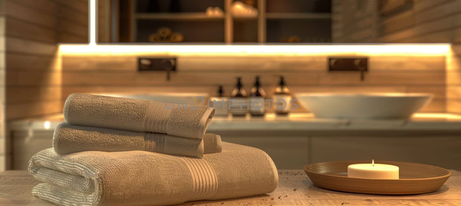 Luxury bathroom scene featuring mocha mousse hand towels elegantly displayed in front of softly lit, modern sinks. the ambient lighting creates a serene spa-like atmosphere, enhancing the plush appearance of the towels alongside elegant decor.