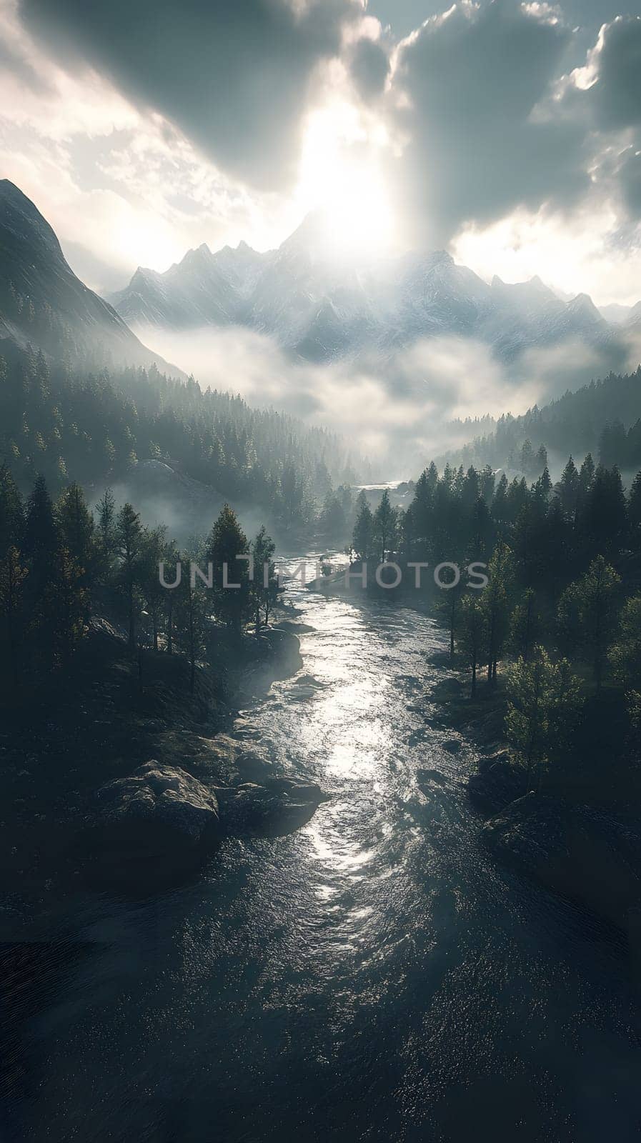 Serene landscape with a river, mountains, and misty atmosphere.