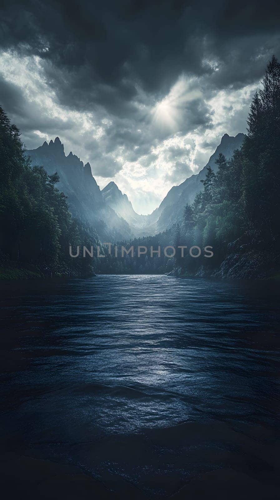 Serene mountain landscape with a reflective river under cloudy skies.