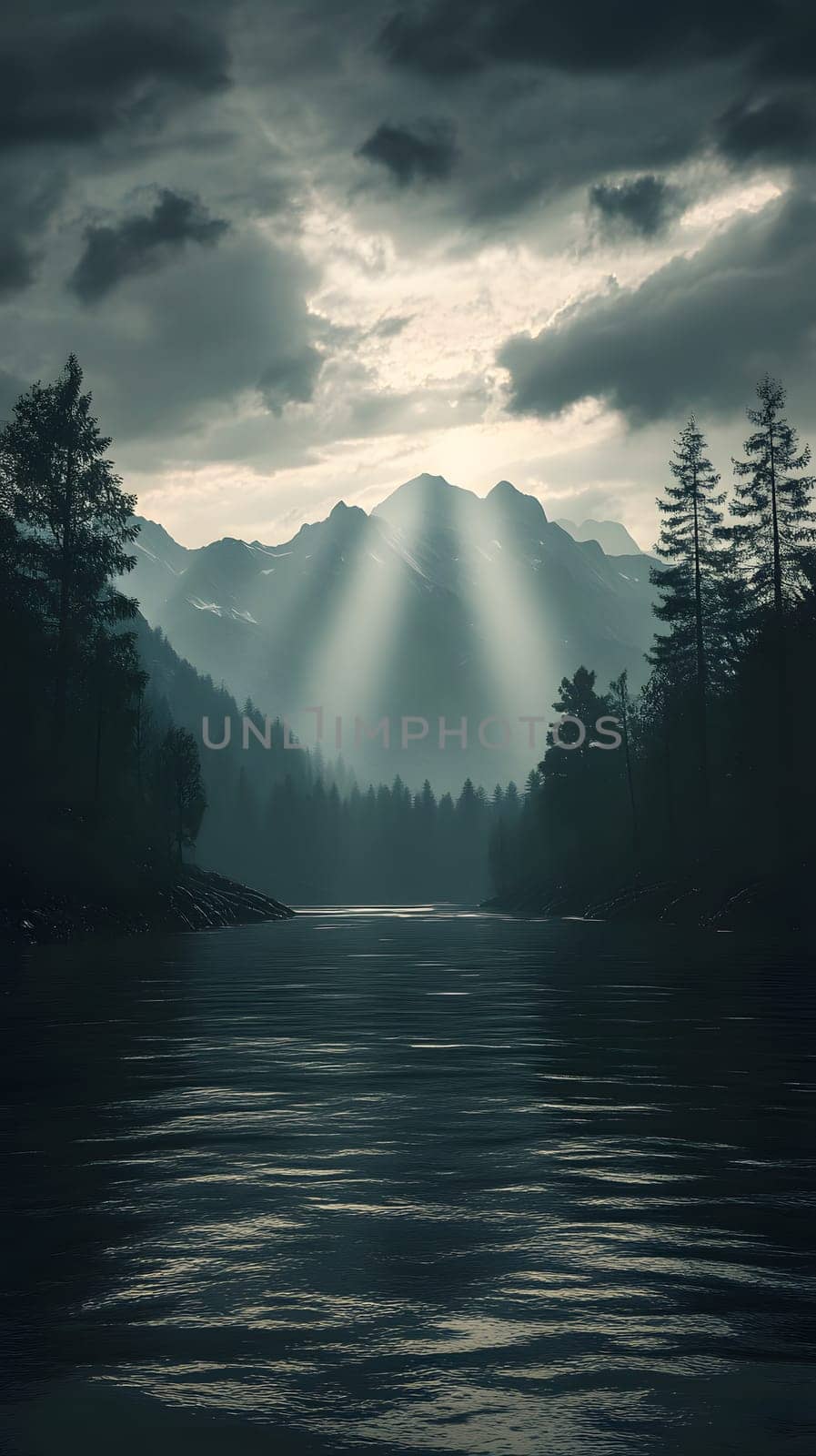 Serene mountain landscape with a river and dramatic sunlight.