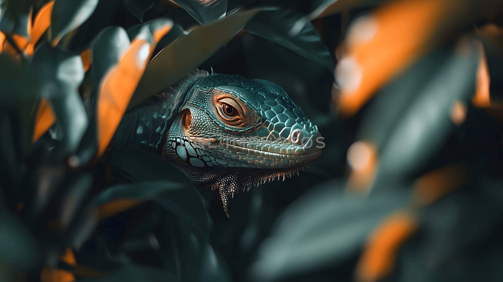 A close-up of a lizard peeking through vibrant green leaves.