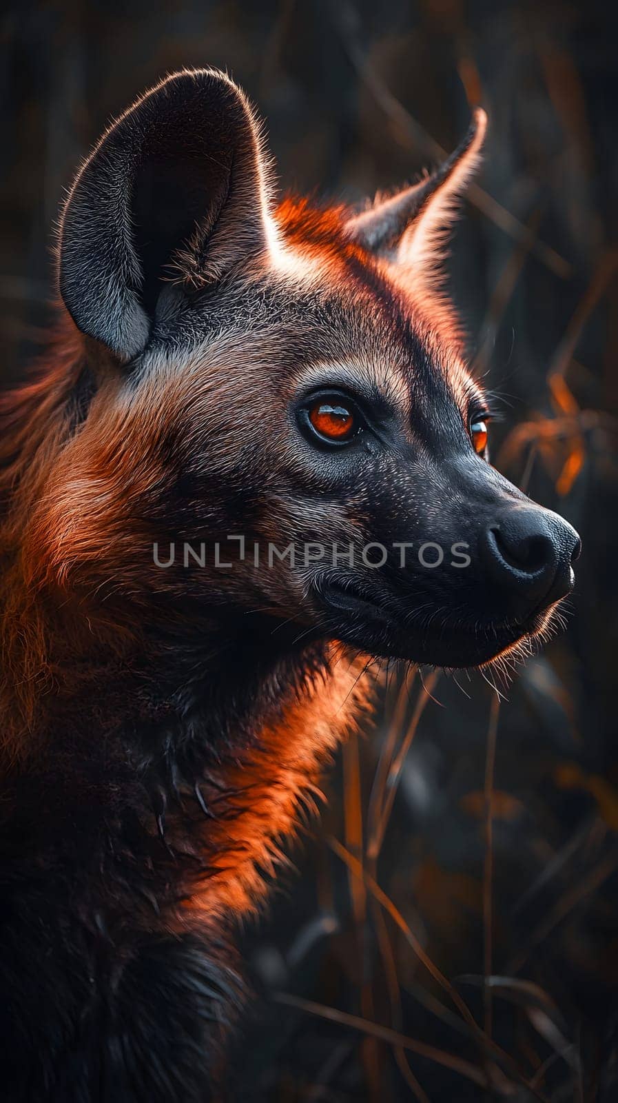 A close-up of a hyena with striking orange eyes in a dark setting.