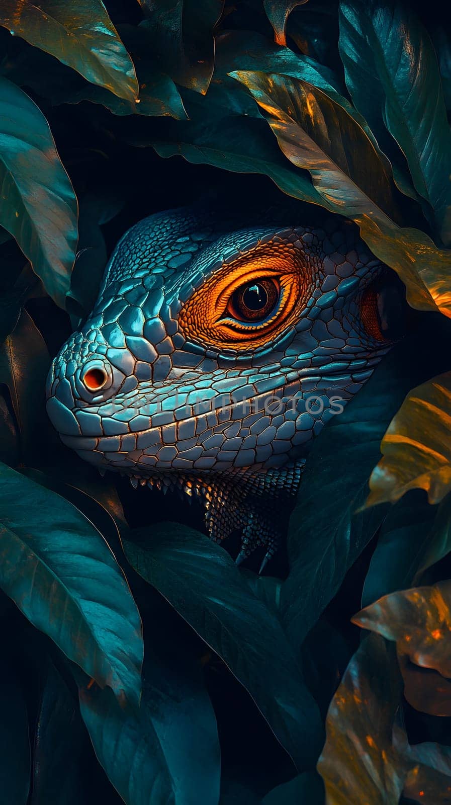 A close-up of a lizard's head peeking through lush green leaves.
