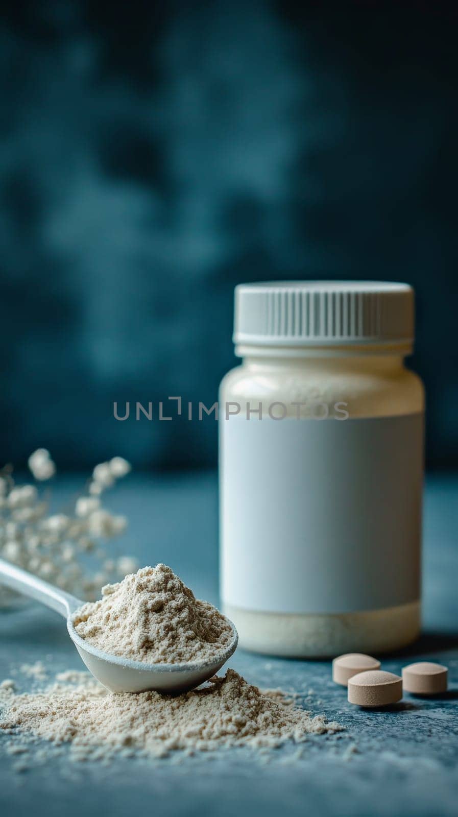 Powdered Supplement Precision Measuring Spoon and Bottle with Blank Label on Blue Background