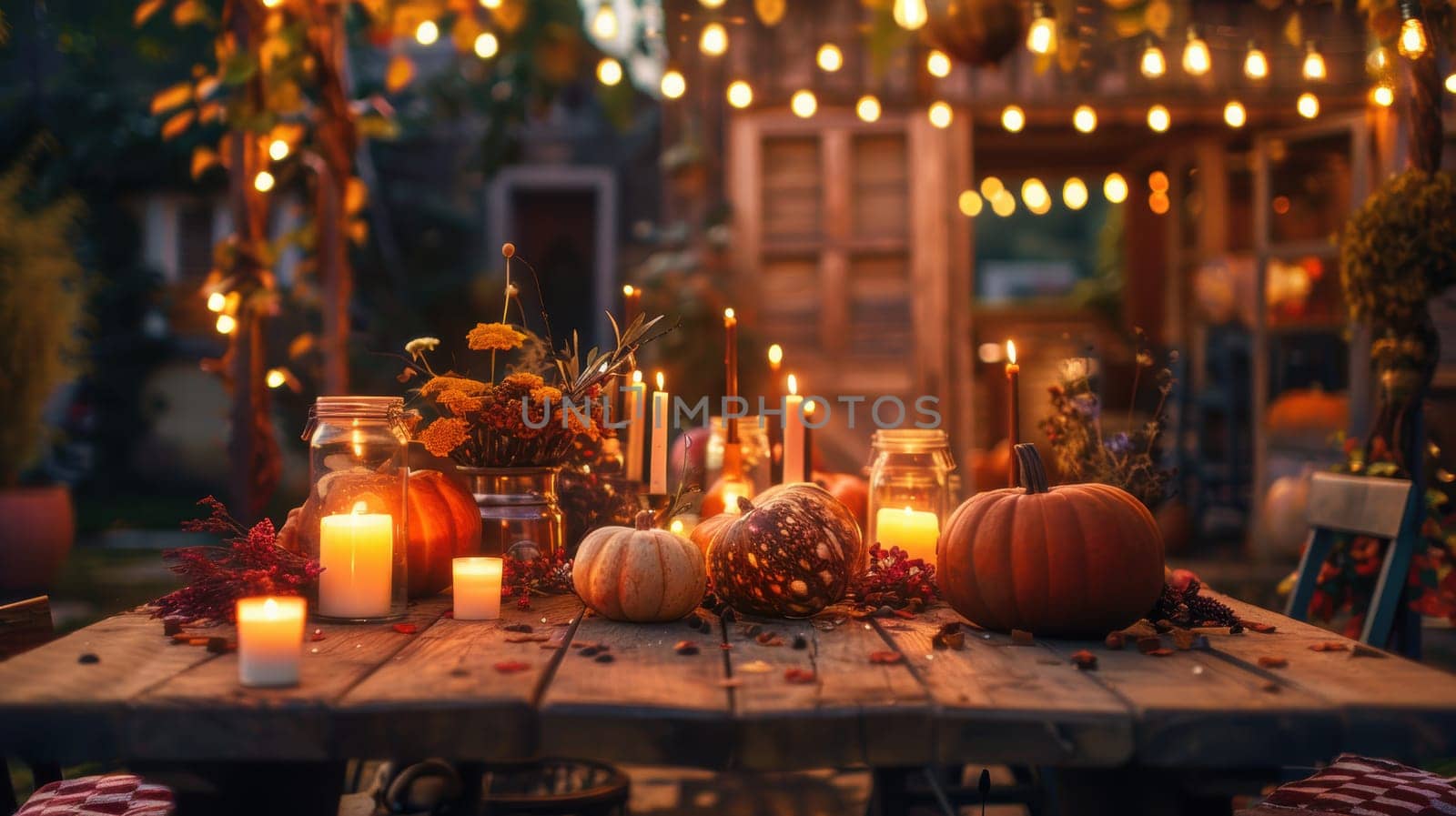 A cozy autumn festival setting featuring mocha mousse-themed decorations. pumpkins and warm candlelight adorn a rustic wooden table. vibrant leaves and fairy lights enhance the festive atmosphere, capturing the essence of fall.