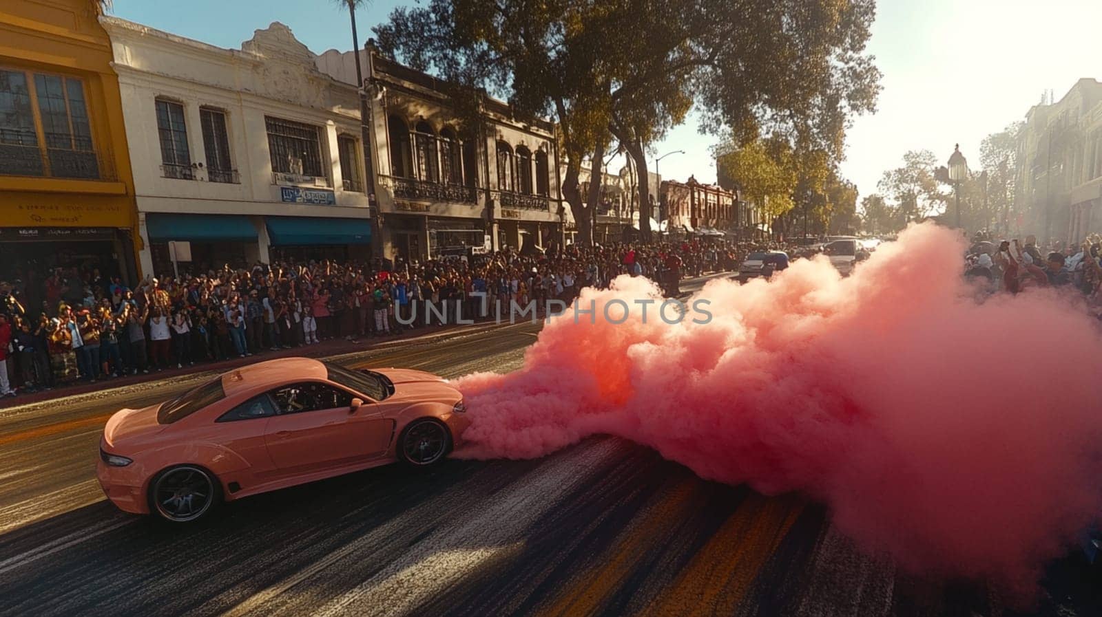 Powerful sports cars race through city streets at sunset, leaving a trail of smoke, thrilling spectators with high speed action