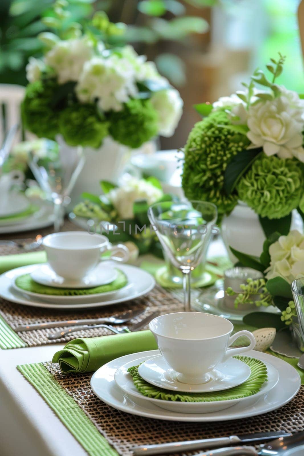 Elegant dining arrangement featuring mocha mousse placemats, sophisticated white porcelain dishes, and vibrant green accents. styled to evoke a fresh, modern aesthetic ideal for lifestyle campaigns and contemporary decor inspirations.