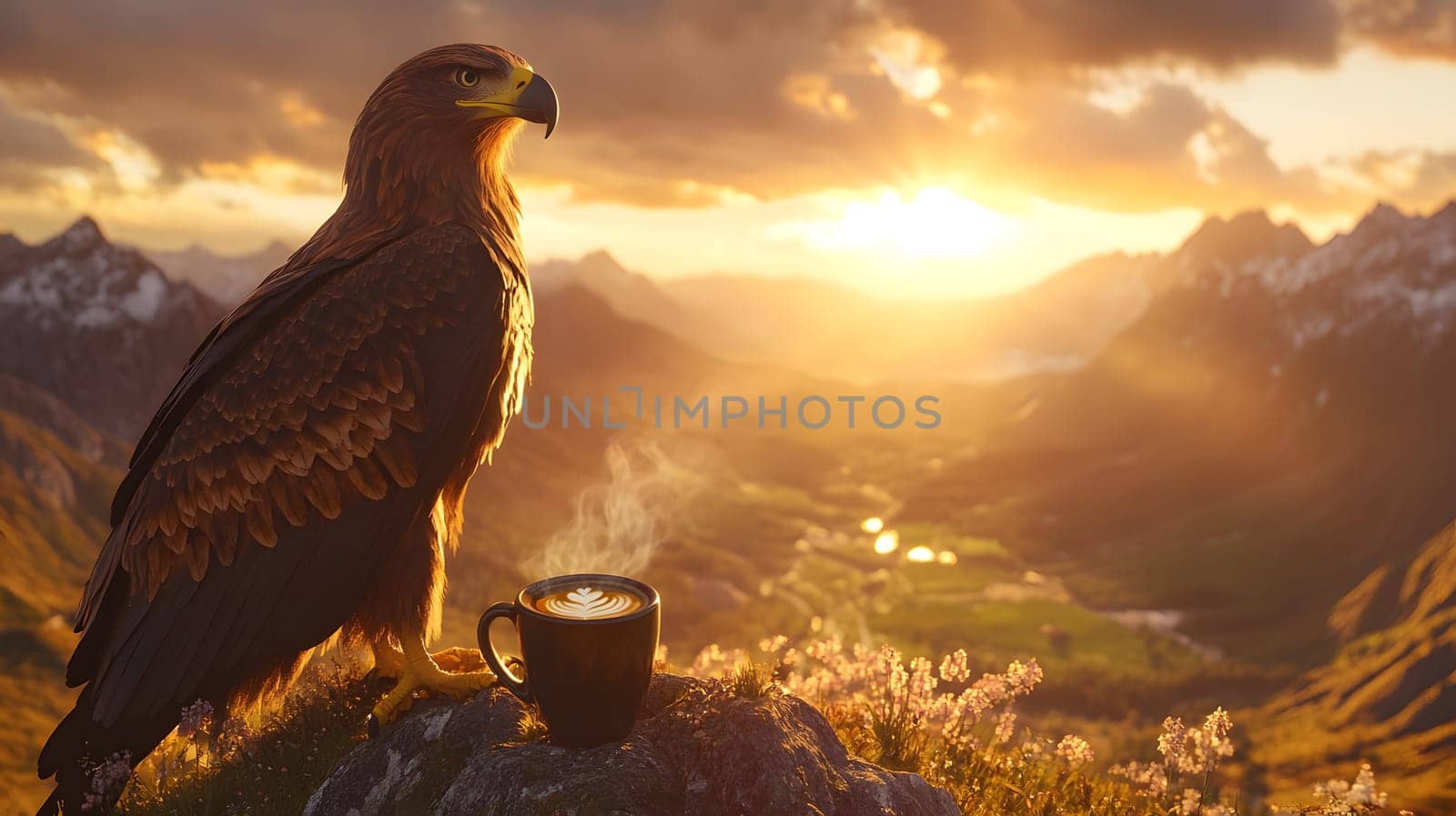 A majestic eagle overlooks a serene landscape with a steaming cup.