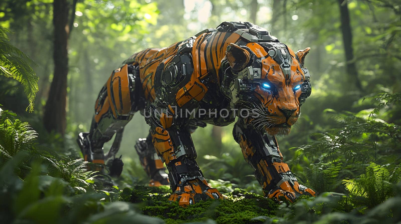 A robotic tiger prowling through a lush, green forest environment.