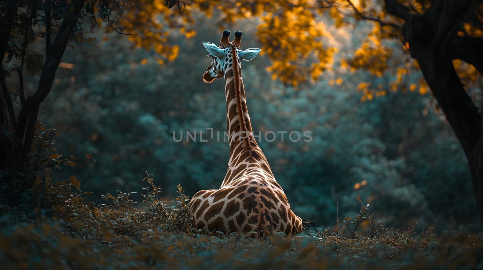 A serene giraffe resting in a tranquil, lush environment.