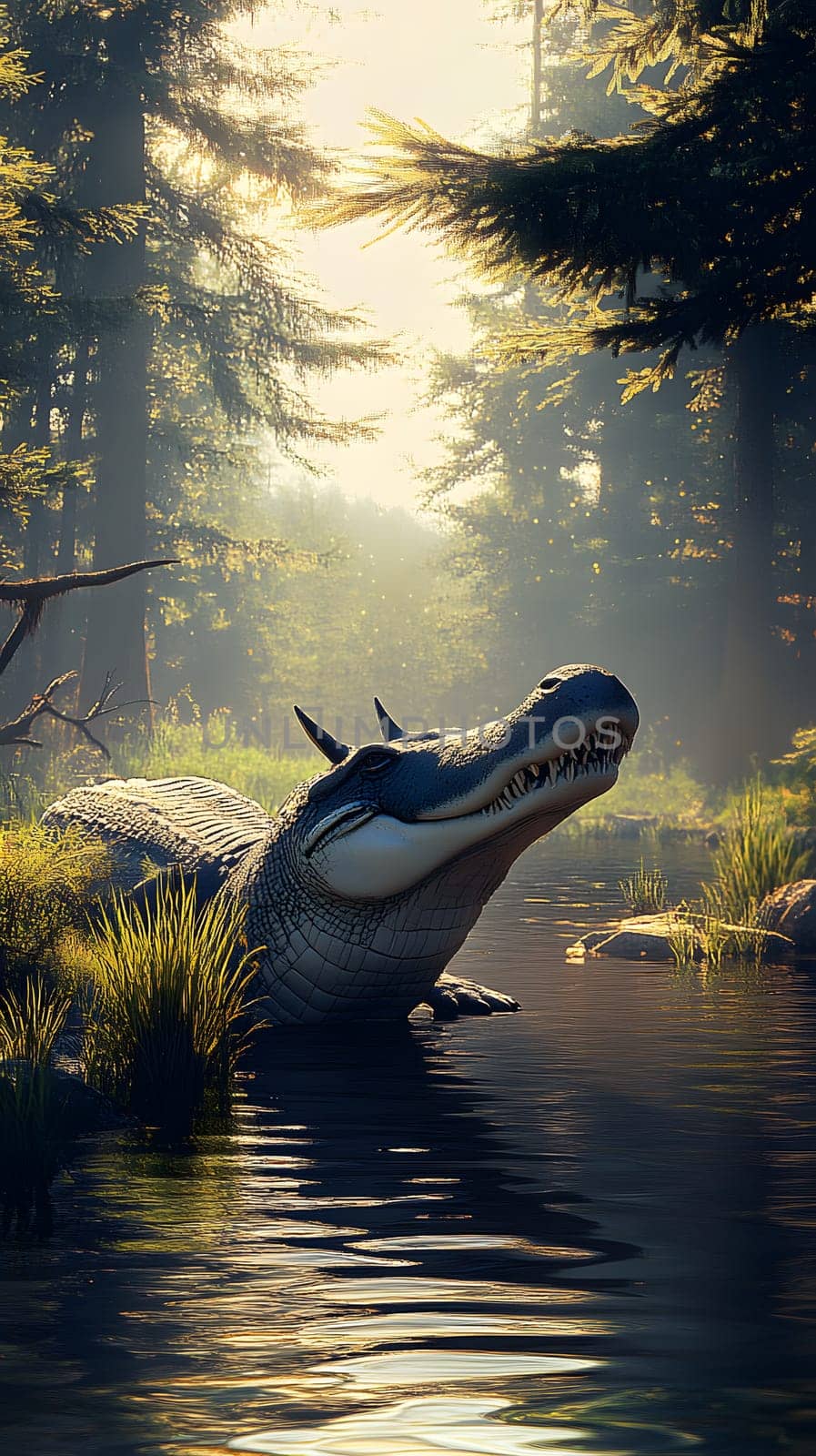 A prehistoric creature resting in a serene forested lake.