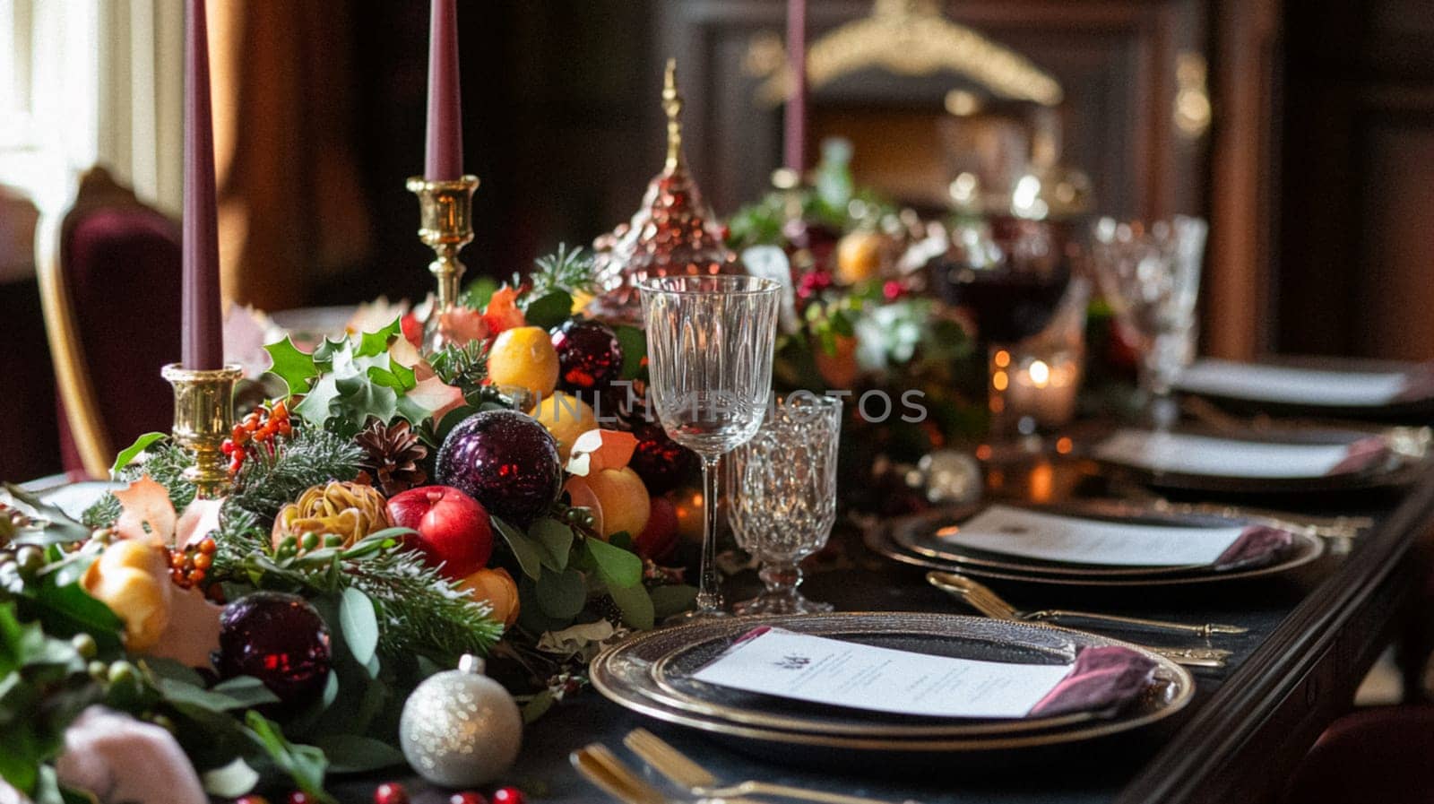Christmas tablescape decoration, formal family dinner holiday celebration, luxury table setting decor, English country and home style idea