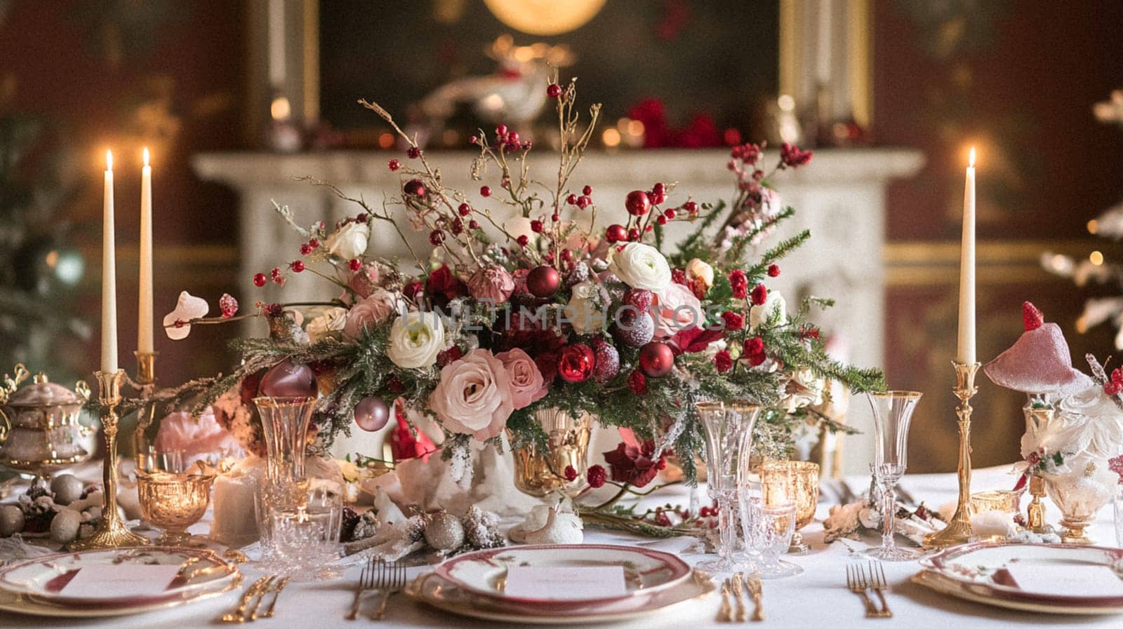 Christmas tablescape decoration, formal family dinner holiday celebration, luxury table setting decor, English country and home style idea