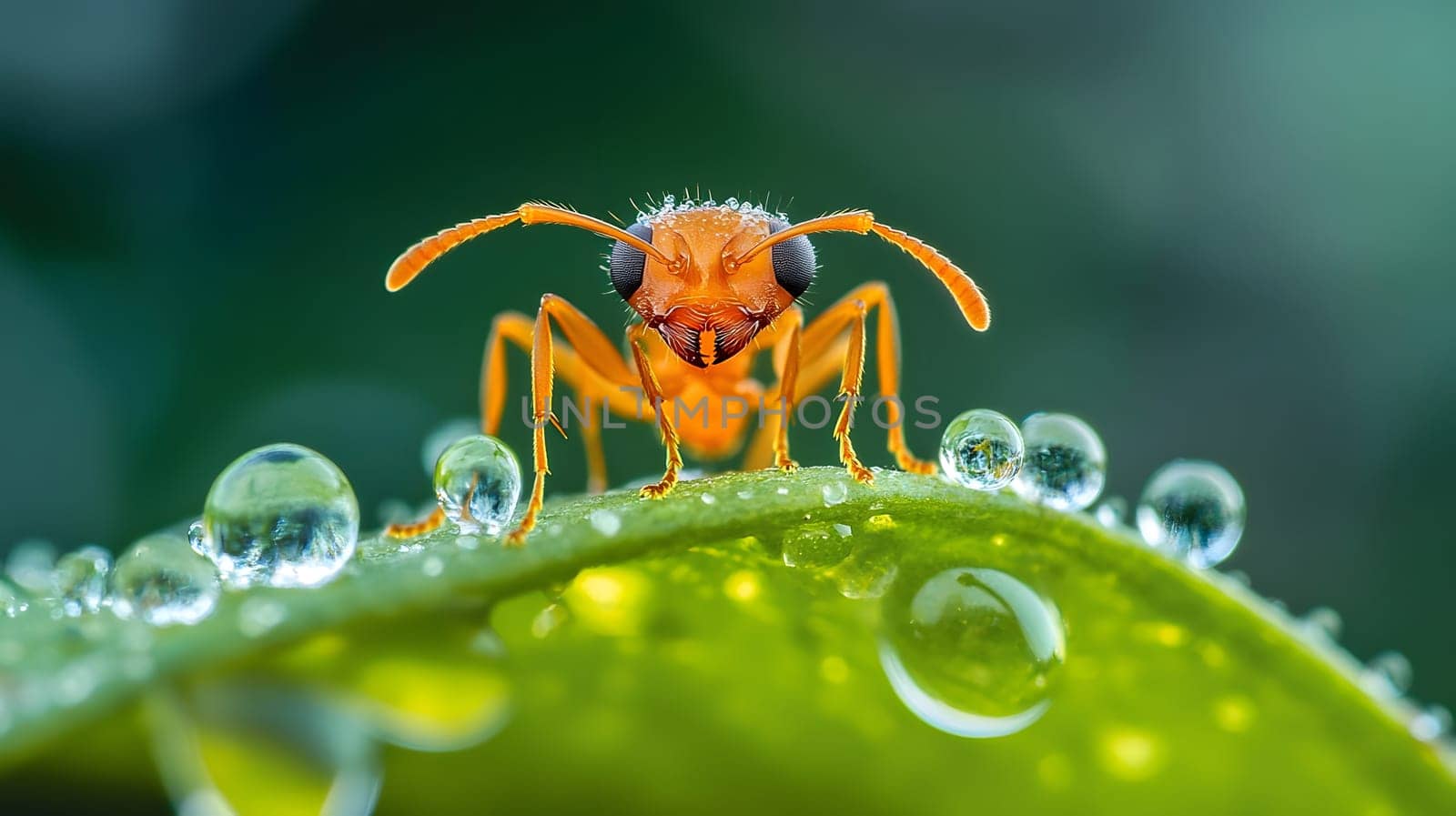 Close-up of an orange ant on a leaf with water droplets.