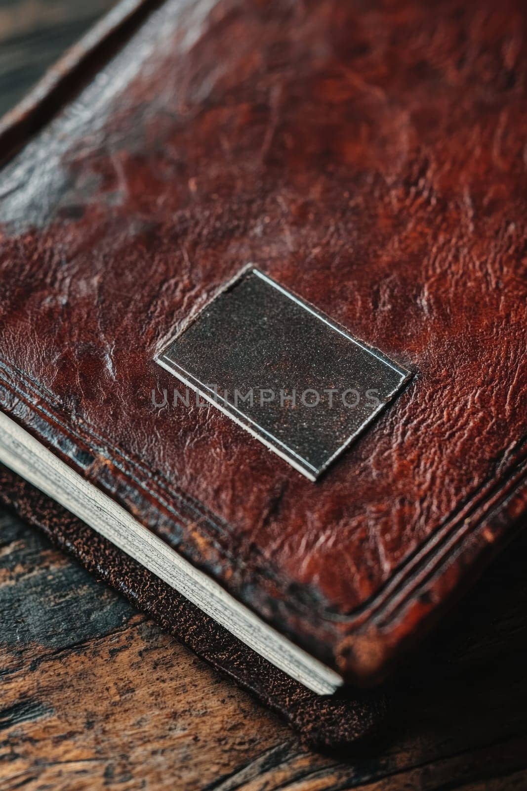 Close-up view of a glossy rectangular sticker on a textured leather journal, the contrast between the shiny sticker surface and the matte leather texture. ideal for branding, stationery design, and product presentation themes.