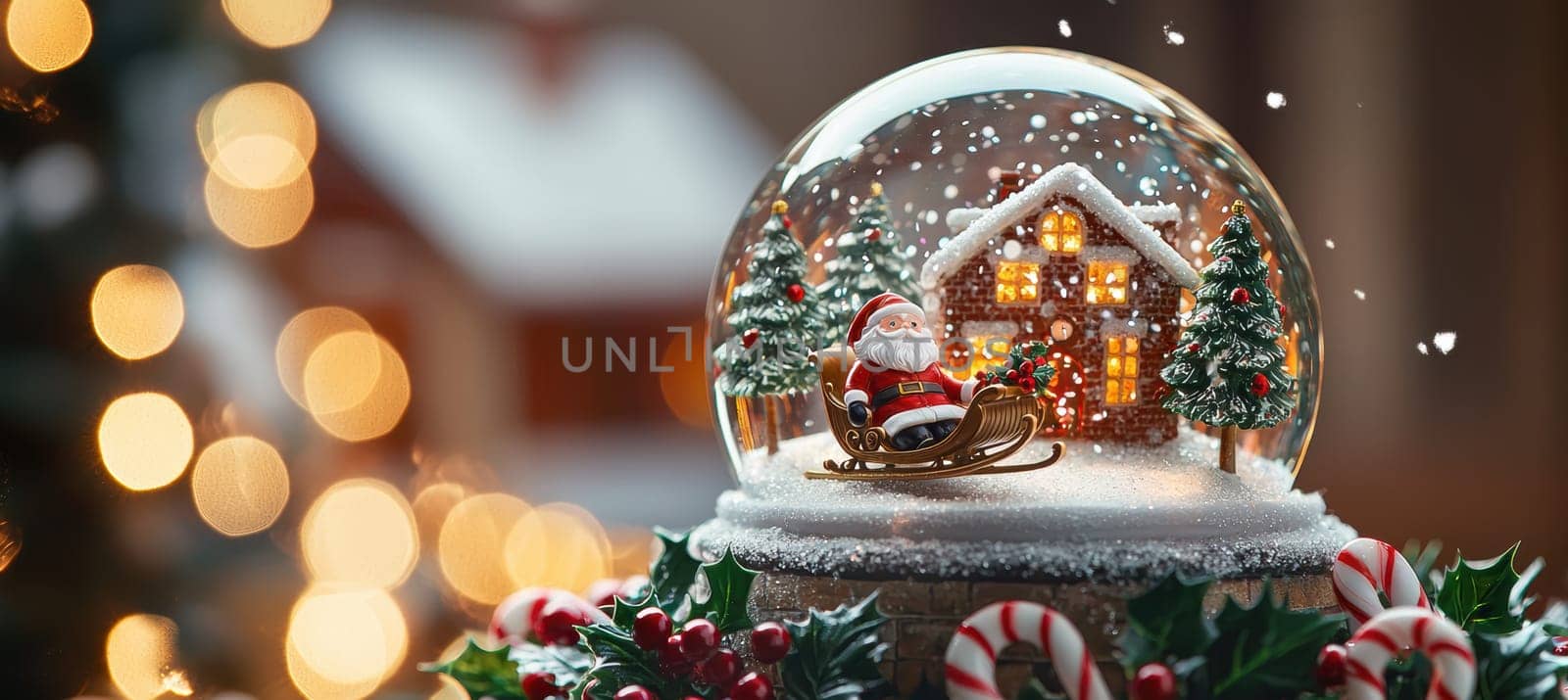 A charming snow globe featuring santa and his sleigh landing on a snow-covered rooftop. glittering snowflakes fall gently around him, while the base of the globe is adorned with holly and candy cane accents, creating a festive holiday feel.