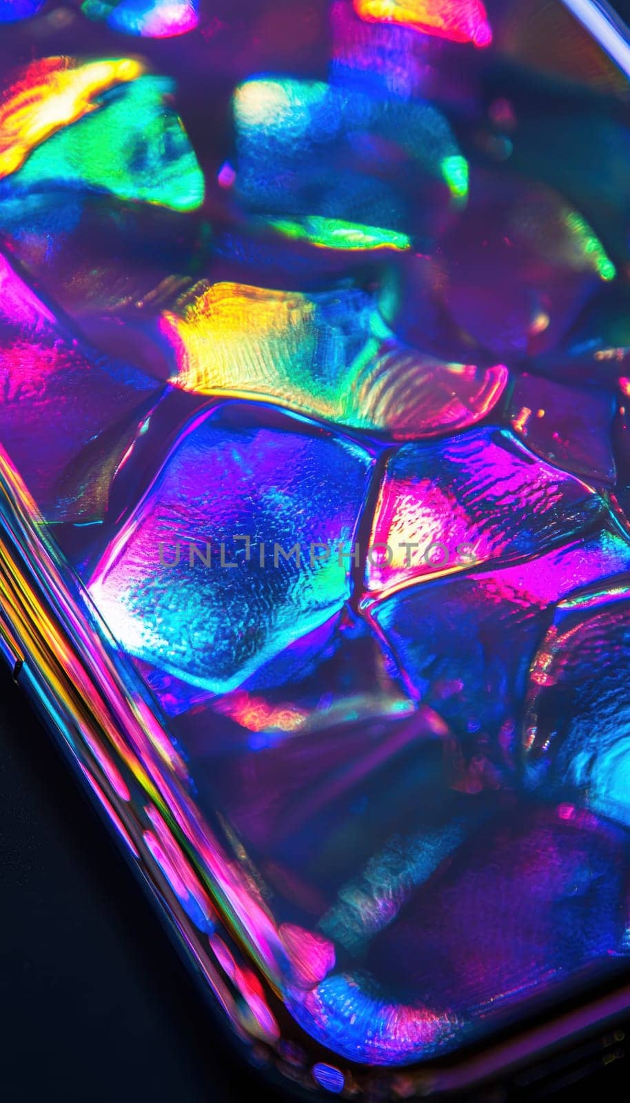 Glossy vinyl sticker on a smartphone case showcasing intricate abstract patterns with vivid gradients. the high-detail close-up highlights the smooth edges and the vibrant interplay of colors, adding a striking visual element to the device.