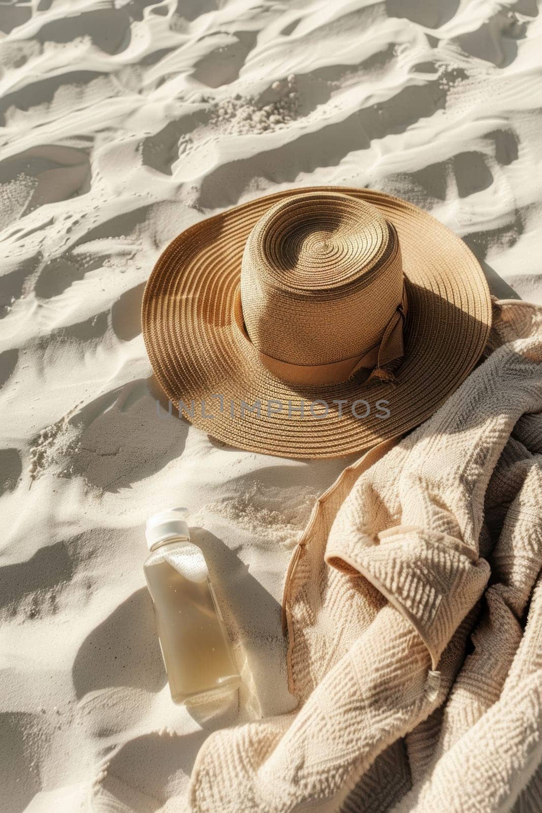 A tranquil beach setup featuring a mocha mousse towel, a stylish sun hat, and sunscreen bottle on pristine white sand. the scene exudes calmness, perfect for concepts related to summer vacations and sun protection.