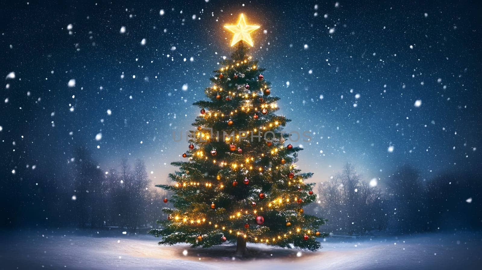 A beautifully decorated Christmas tree in a snowy landscape.
