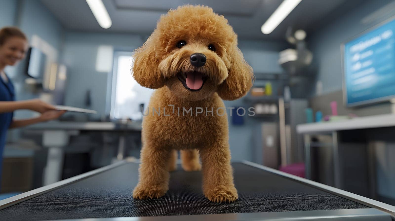 A cheerful dog on a veterinary table, ready for care.