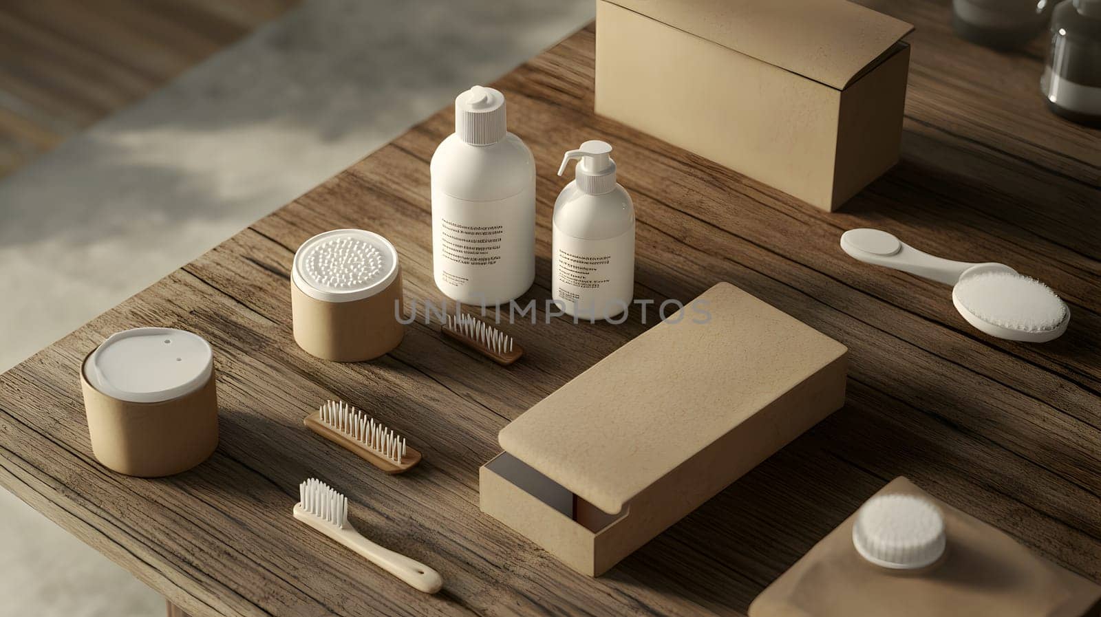 A collection of personal care items on a wooden table.