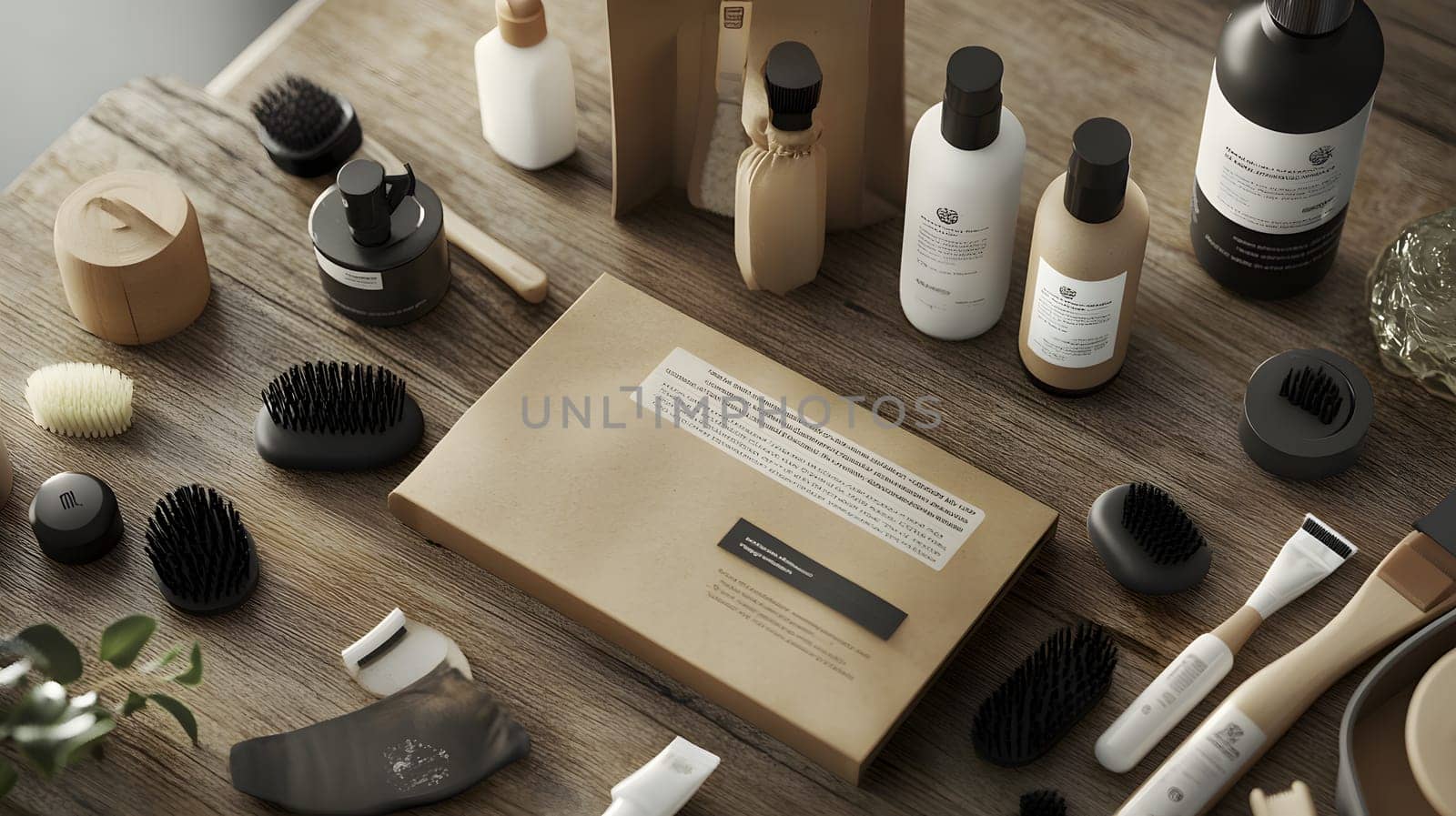 A collection of personal care products arranged on a wooden surface.