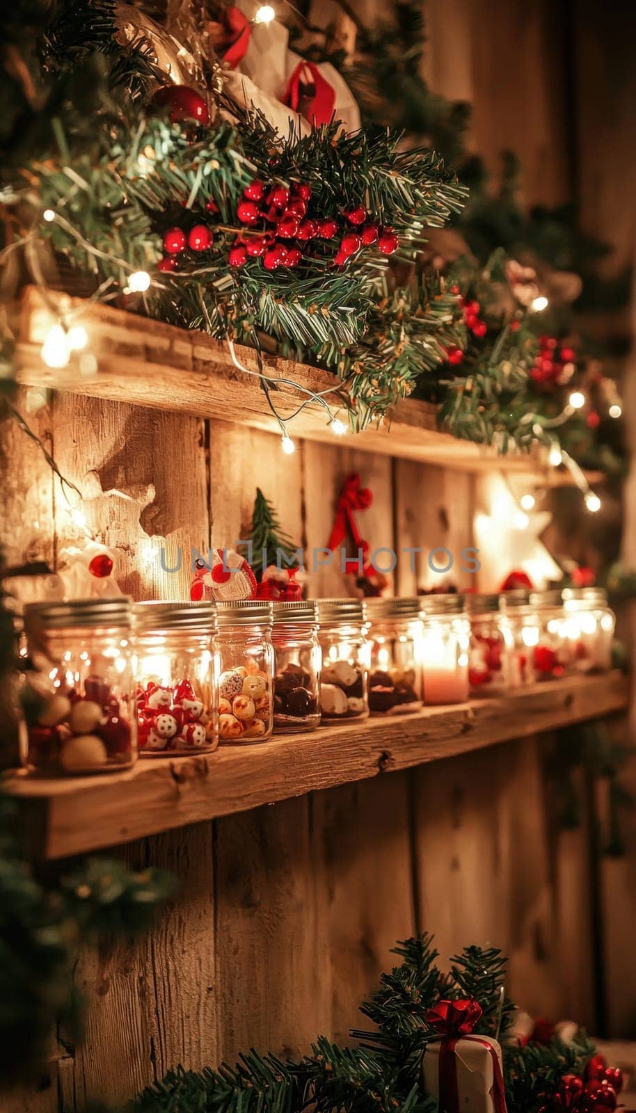 Mason jars filled with candies serve as a diy advent calendar on a rustic wooden shelf adorned with holiday greenery and twinkling fairy lights. ideal for festive home decor during the holiday season, adding a cozy, warm ambiance.