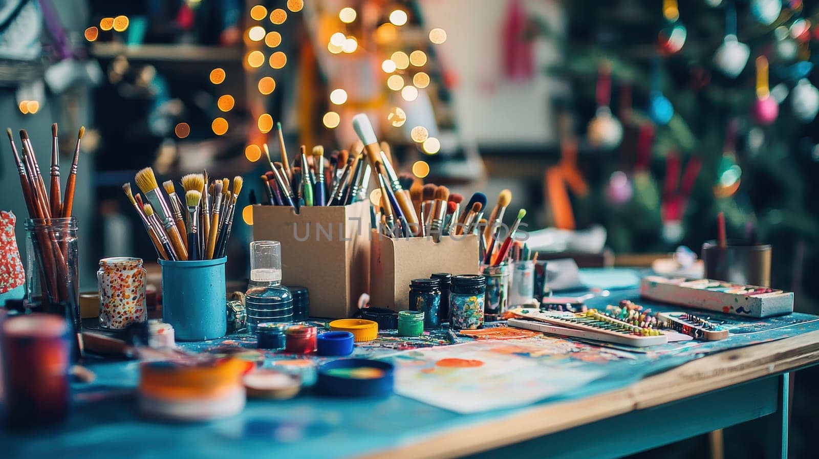 An advent calendar featuring small art supplies like paints and brushes, set in a vibrant, festive workspace. colorful materials and christmas decorations surround it, embodying the holiday spirit and creativity during the festive season.