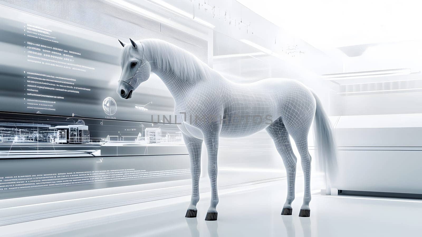 A futuristic, digital representation of a horse in a sleek environment.