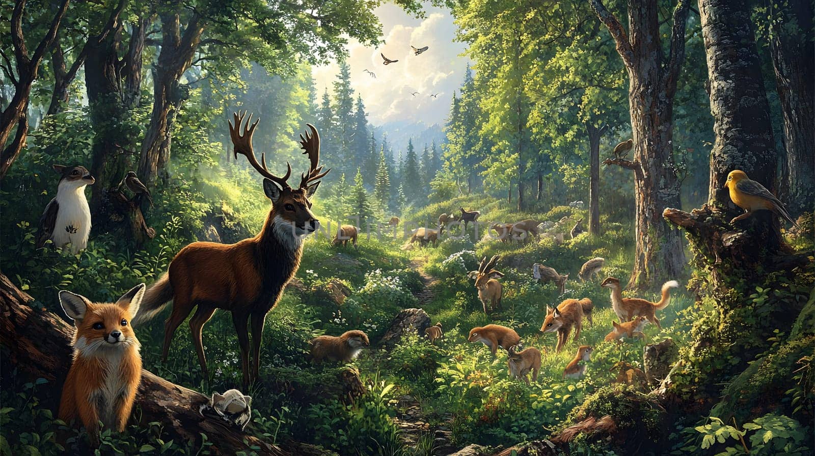 A vibrant forest scene teeming with various wildlife and plants.