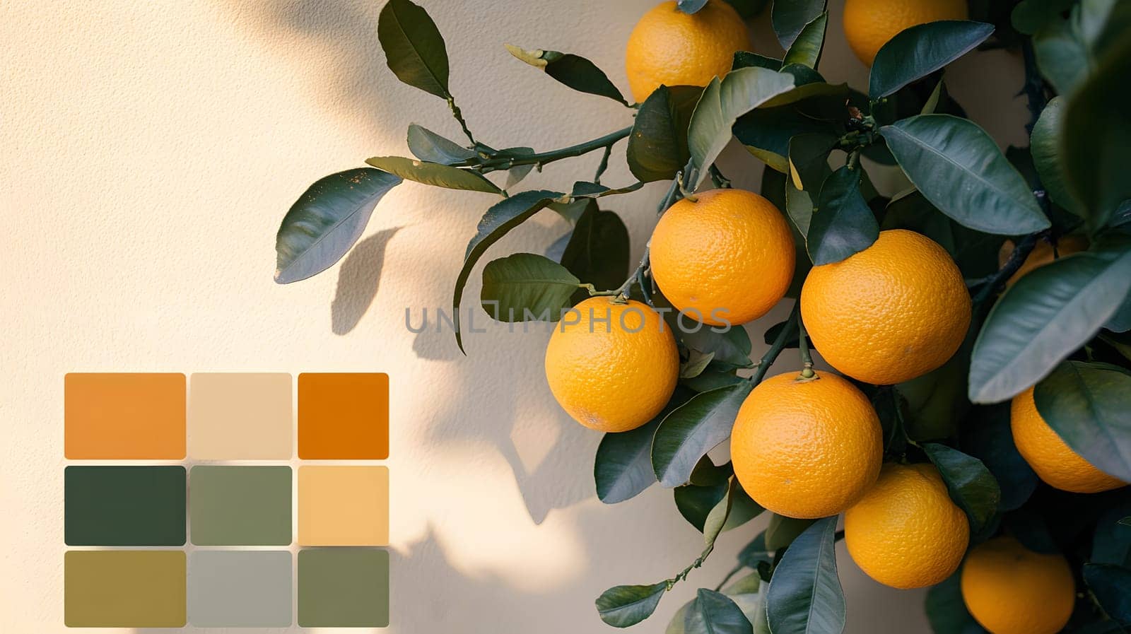 A vibrant orange tree with color palette for design inspiration.