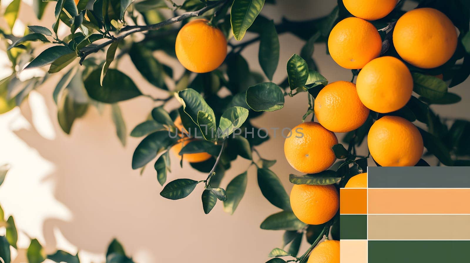 A vibrant orange tree with ripe fruit and color palette.
