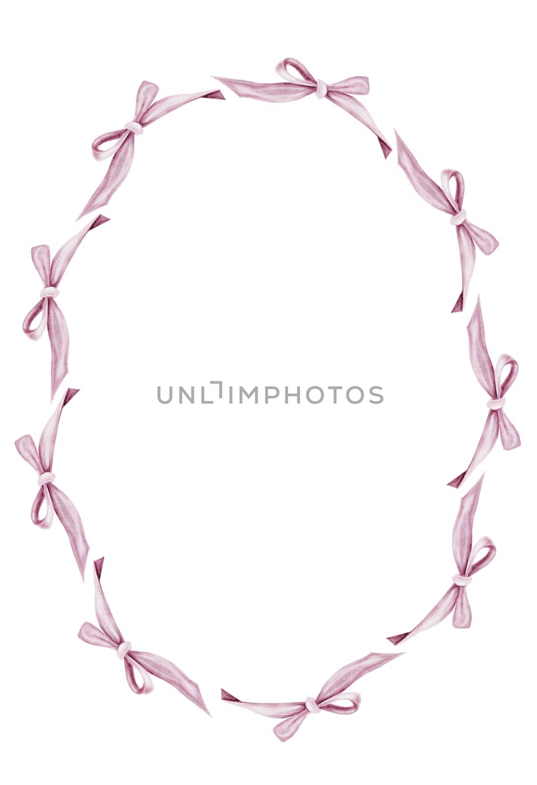 Pink watercolor elegant bow farme. Knotted thin ribbon in vintage style. For designing cards and invitations for weddings and Valentine's Day, and birthday. High quality photo