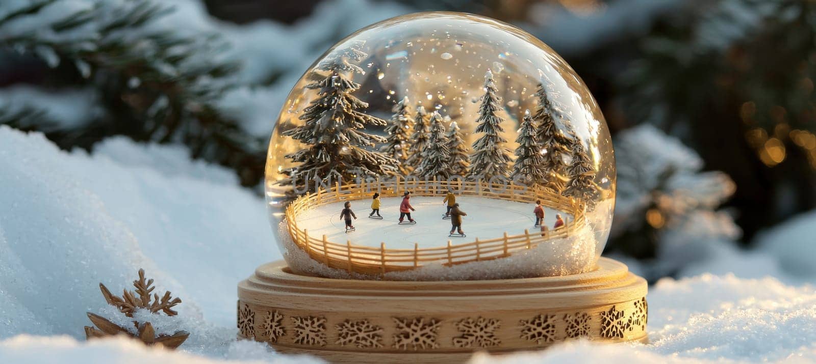 Snow globe showcasing a tiny ice skating rink with animated figures encircled by snow-laden trees. the wooden base features intricately carved snowflakes, perfect for holiday decor or gifts. warm bokeh lights create a cozy winter atmosphere.