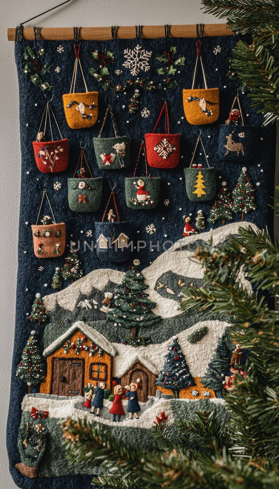 Felt advent calendar featuring colorful pockets with small gifts, set against a christmas-themed wall hanging. families gather to decorate, fostering a warm holiday spirit. includes festive motifs such as trees, ornaments, and snowflakes.