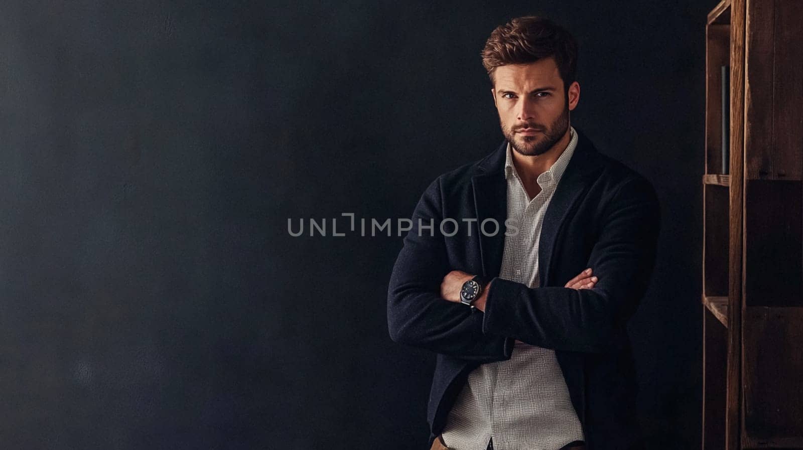Handsome English man model dressed up smart casual fashion style, exuding refined masculinity and timeless elegance idea
