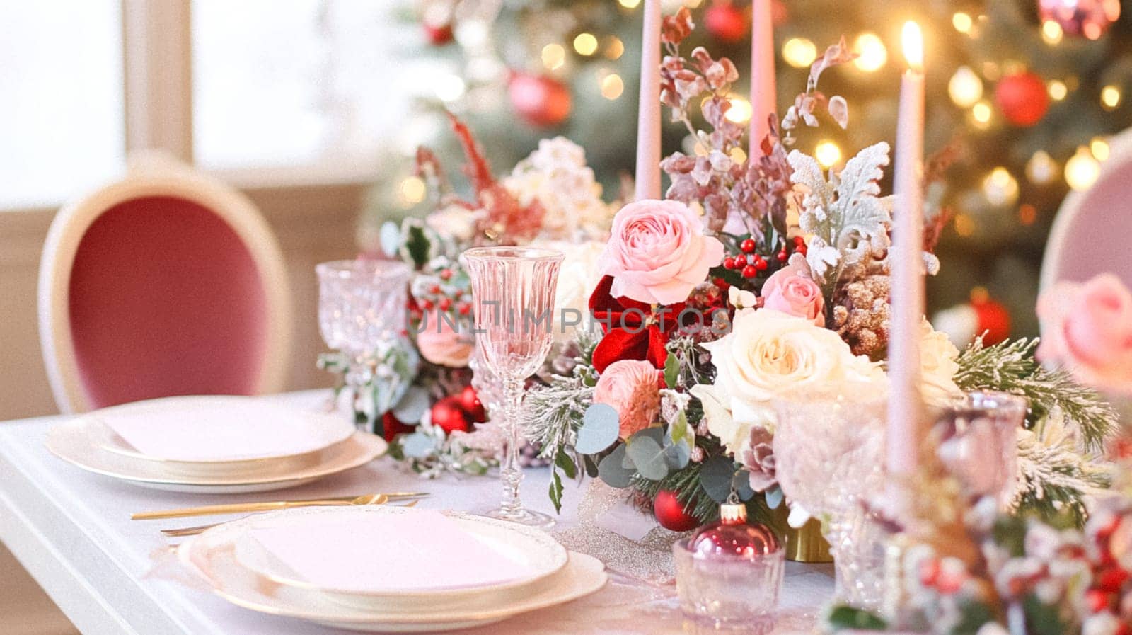 Christmas tablescape decoration, formal family dinner holiday celebration, luxury table setting decor, English country and home style idea