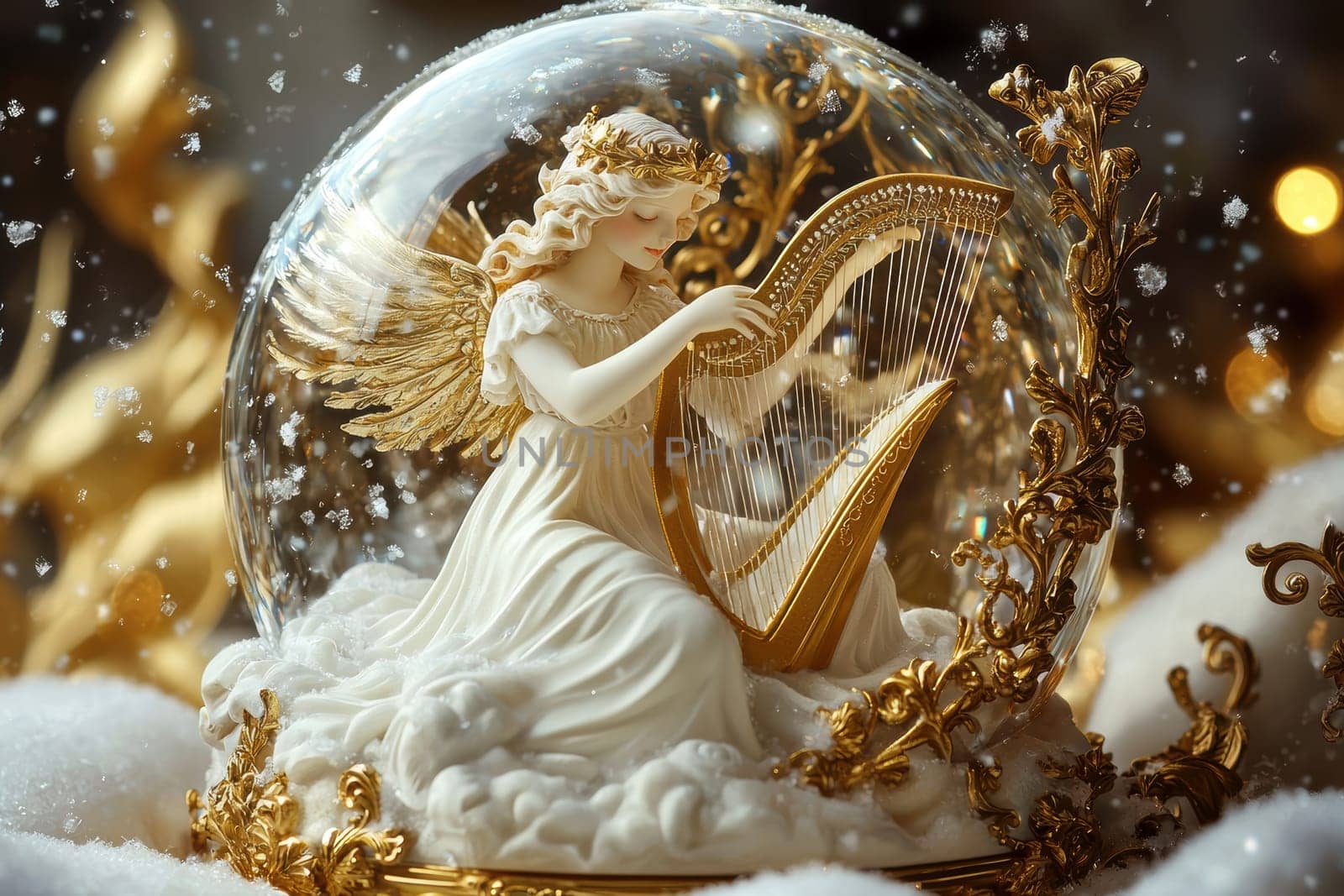 A celestial snow globe features an ethereal angel adorned with golden wings playing a harp. surrounded by swirling golden snowflakes, the globe's base is intricately crafted with heavenly clouds and radiant golden highlights, perfect for holiday decor.