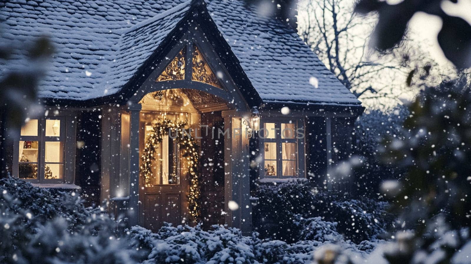 Christmas in the countryside, cottage decorated for holidays on a snowy winter evening with snow and holiday lights, English country styling inspiration