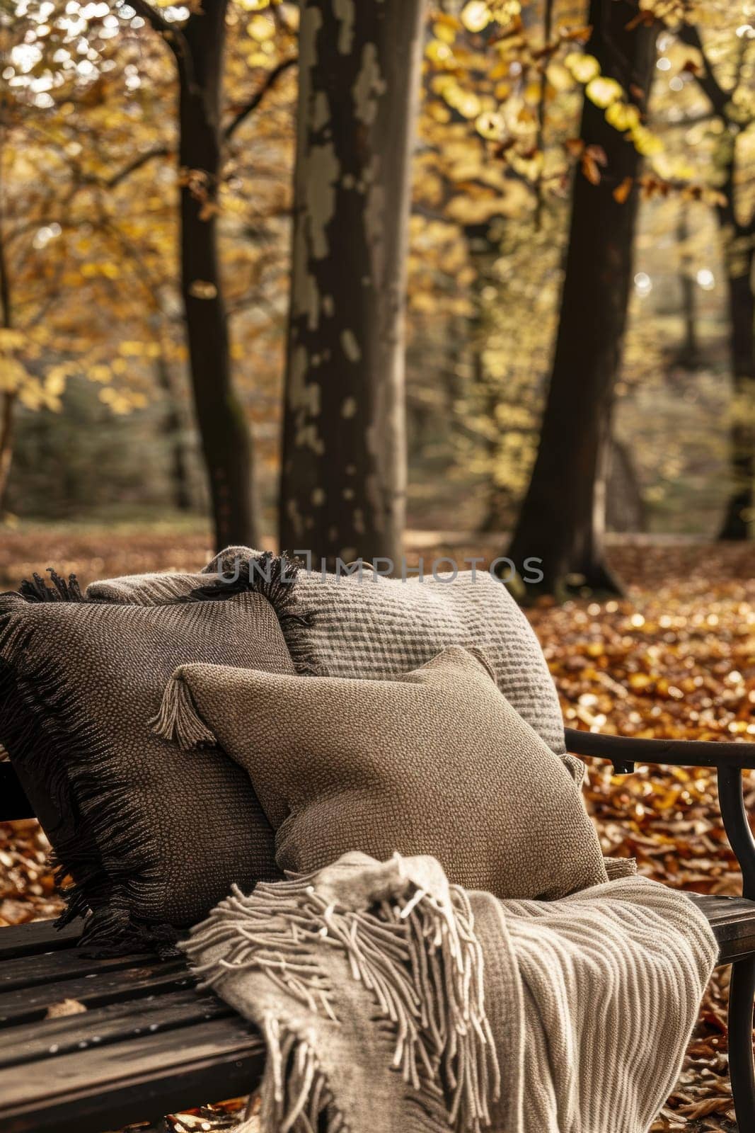 Autumnal park scene featuring an ornate bench with mocha mousse cushions and cozy blankets, surrounded by vibrant fall foliage. ideal for seasonal decor, relaxation themes, or autumn travel promotions.