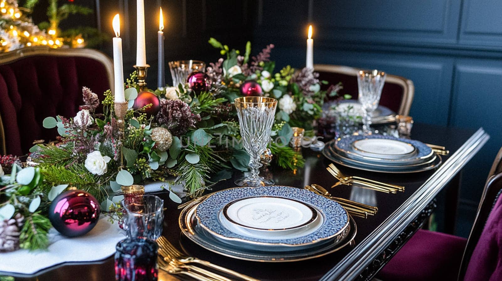 Christmas tablescape decoration, formal family dinner holiday celebration, luxury table setting decor, English country and home style idea