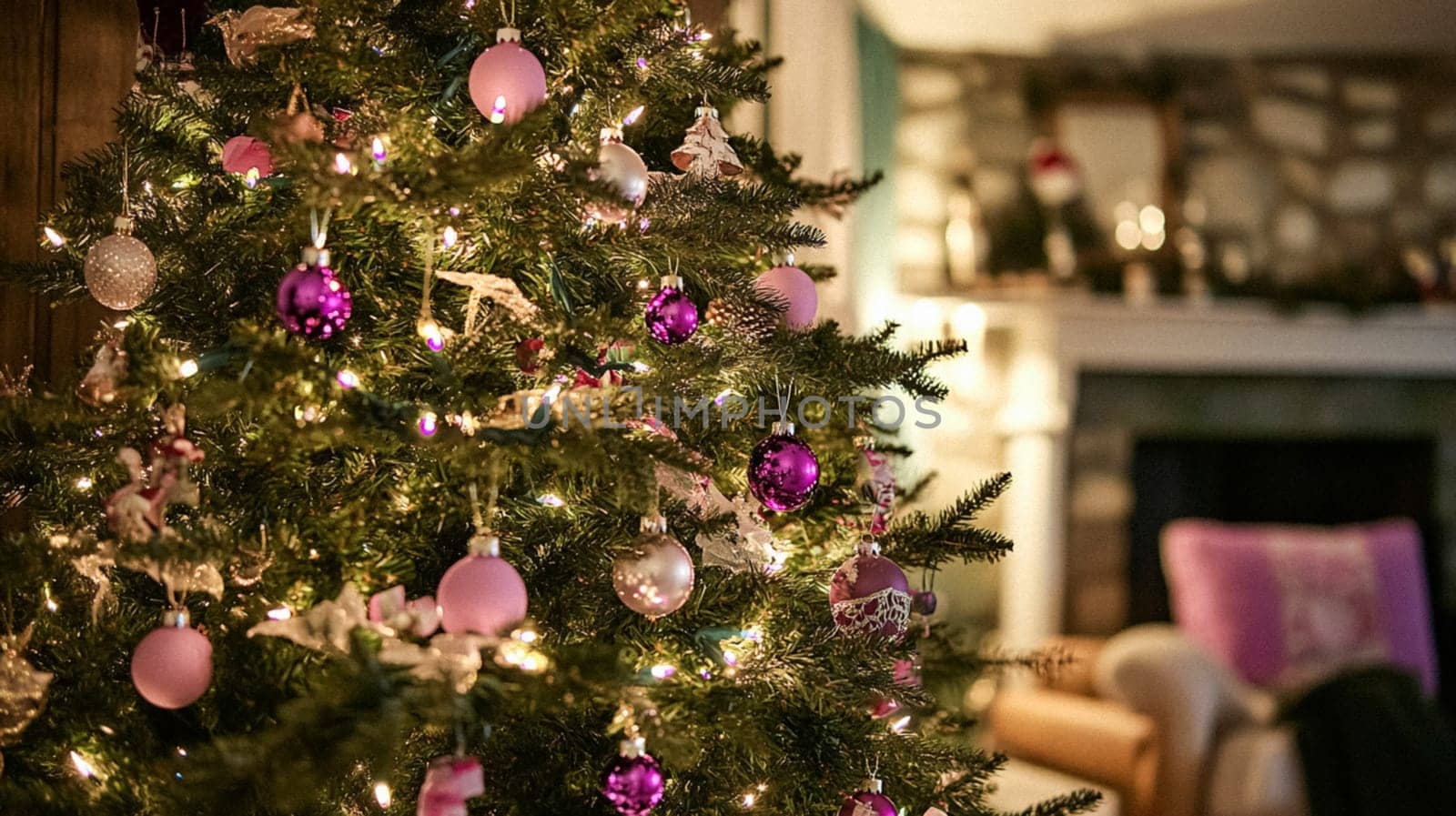 Christmas, holiday decor and country cottage style, cosy atmosphere, decorated Christmas tree in the English countryside house living room with fireplace, interior decoration idea