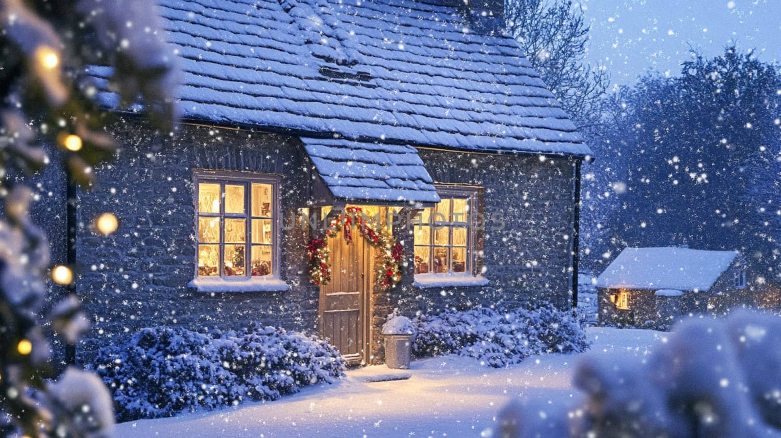 Christmas in the countryside, cottage decorated for holidays on a snowy winter evening with snow and holiday lights, English country styling inspiration