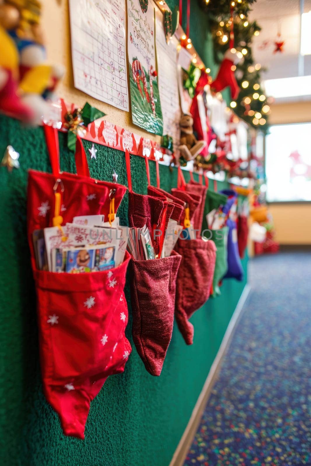 Community center bulletin board adorned with a creative advent calendar featuring large pockets filled with charity ideas and donation suggestions. the holiday atmosphere is enhanced by sparkling decorations and a nearby christmas tree.