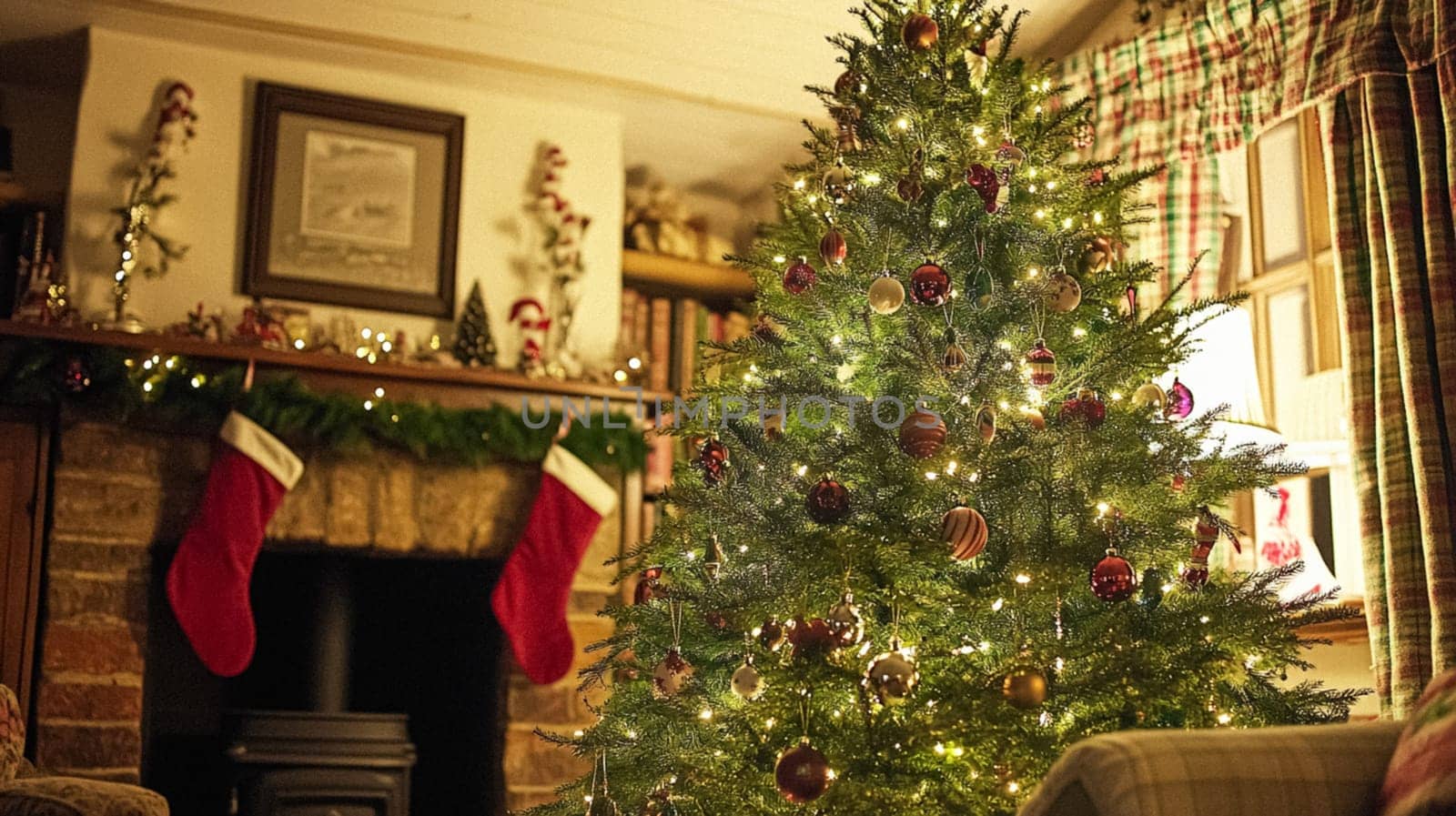 Christmas, holiday decor and country cottage style, cosy atmosphere, decorated Christmas tree in the English countryside house living room with fireplace, interior decoration idea